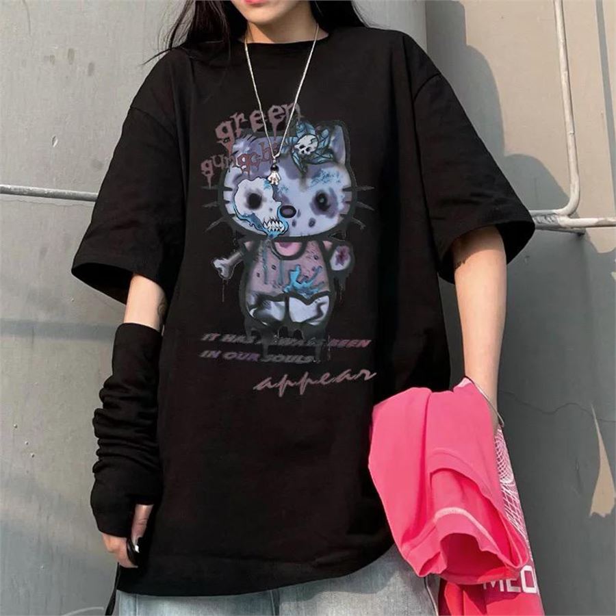 Siyah Creepy Hello Kitty (Unisex) T-Shirt