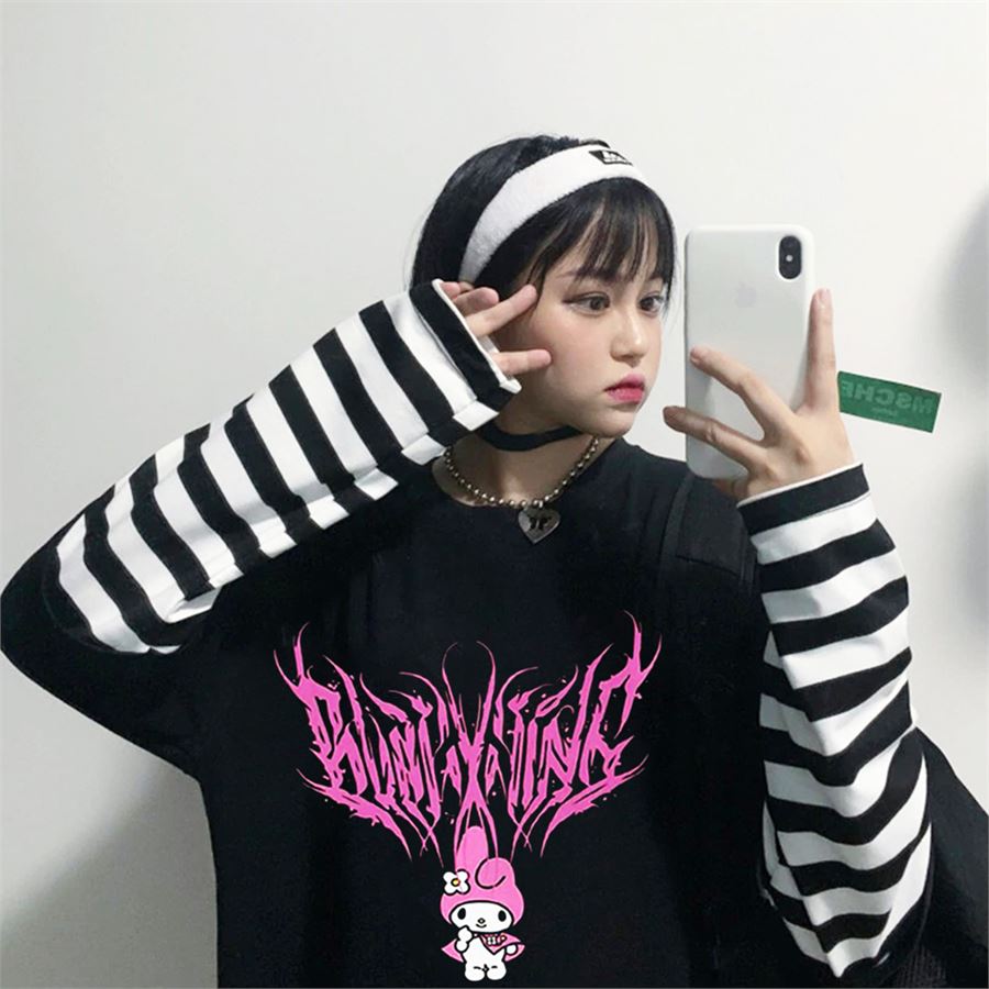 Siyah Anime My Melody - Sanrio (Unisex) Siyah Beyaz Çizgili Kollu T-Shirt