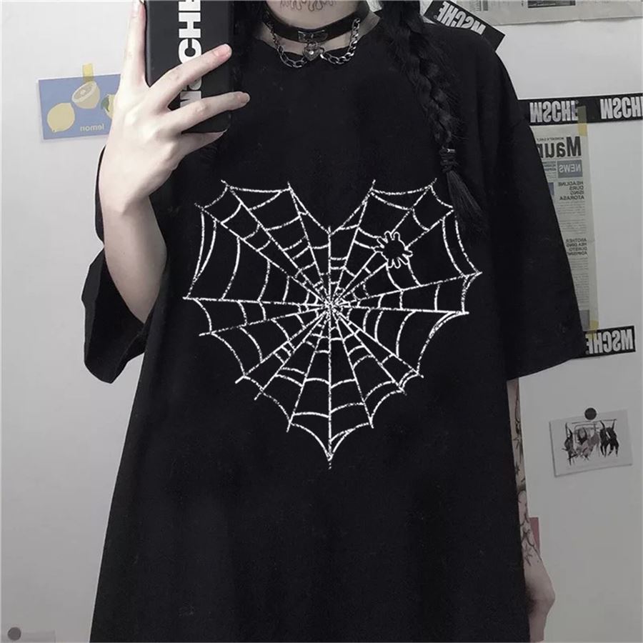 Siyah Spider Web Heart (Unisex) T-Shirt