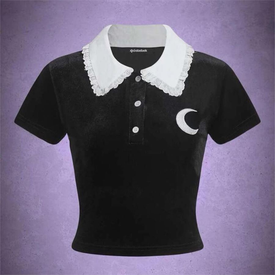 Beyaz Yaka Detaylı Siyah Gothic Girl Moon Uniform Yarım T-Shirt
