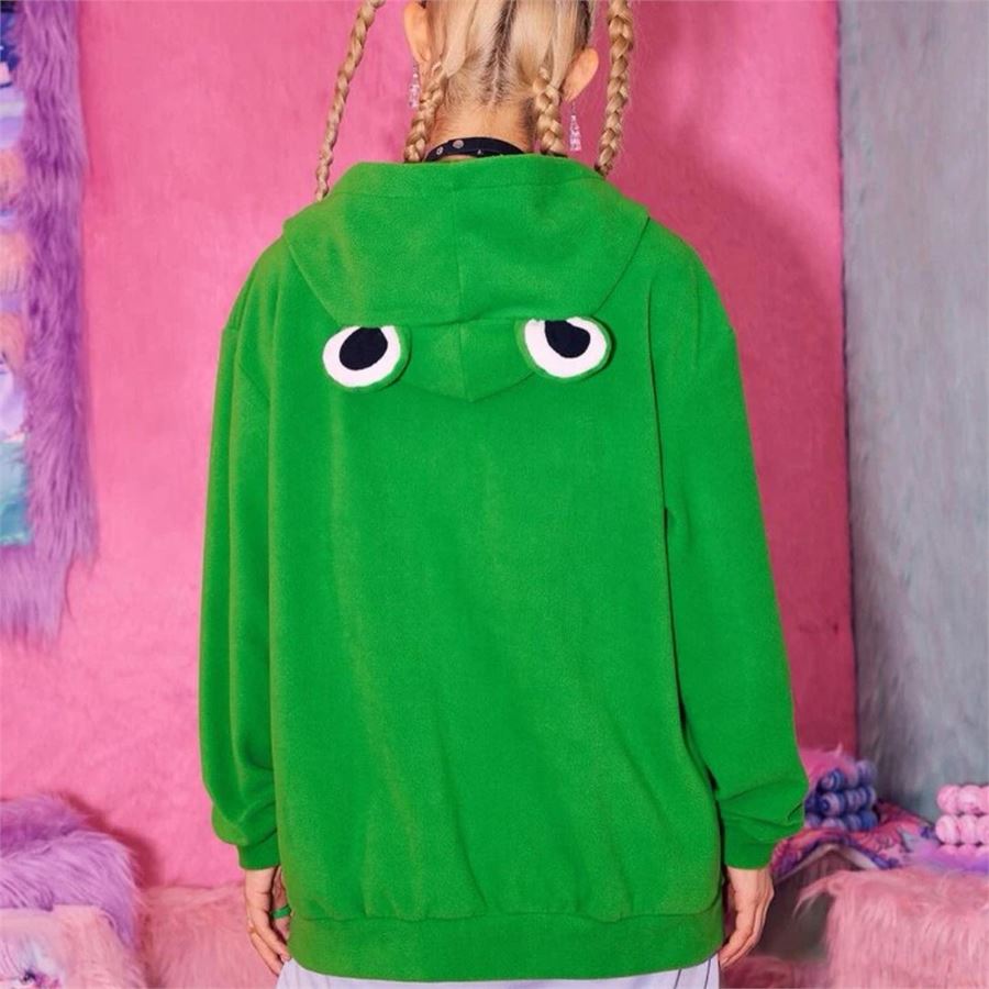 Yeşil Kurbağa Gözlü Fermuarlı (Unisex) Kapüşonlu Sweatshirt