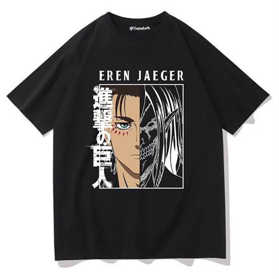 Siyah Anime Attack On Titan : Eren Yeager Half Dark Face (Unisex) T-Shirt