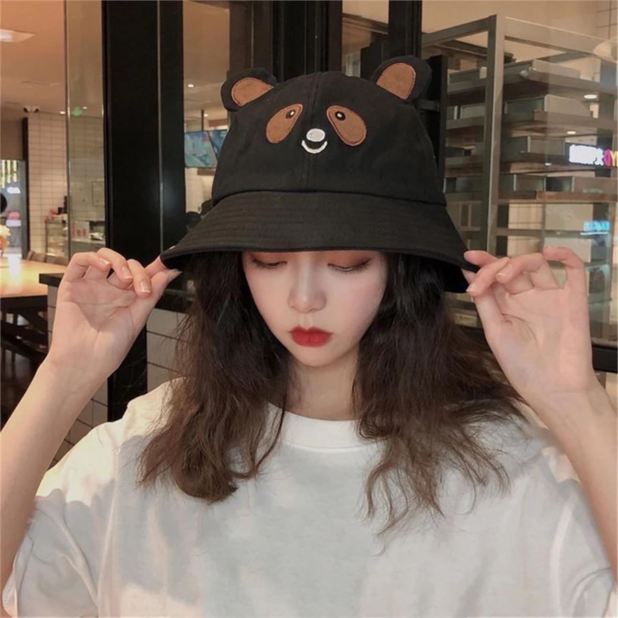 Siyah Sevimli Panda Kulaklı Bucket Şapka