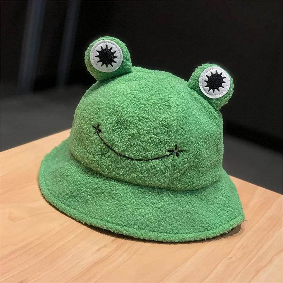 Peluş Yeşil Kurbağa Gözlü Bucket Şapka