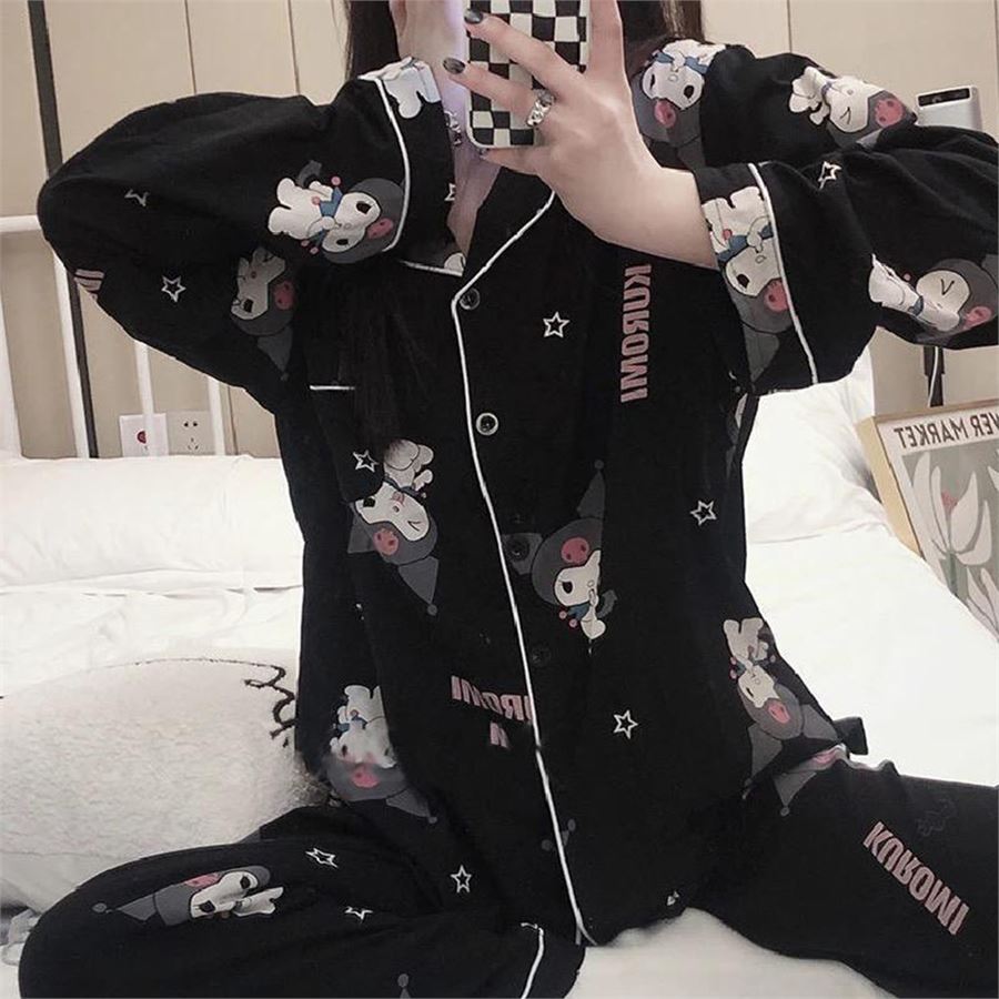 Siyah Anime Harajuku Kuromi Sanrio Kolaj (Unisex) Pijama Takımı