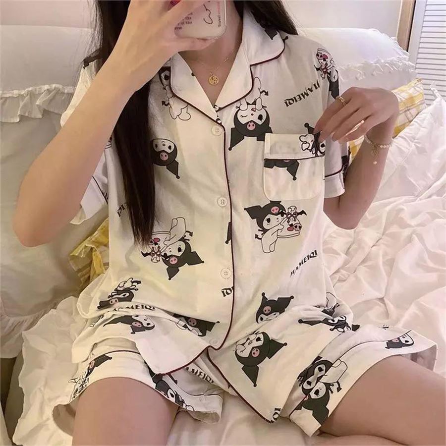 Beyaz Anime Harajuku Kuromi Sanrio Kolaj (Unisex) Şortlu Pijama Takımı
