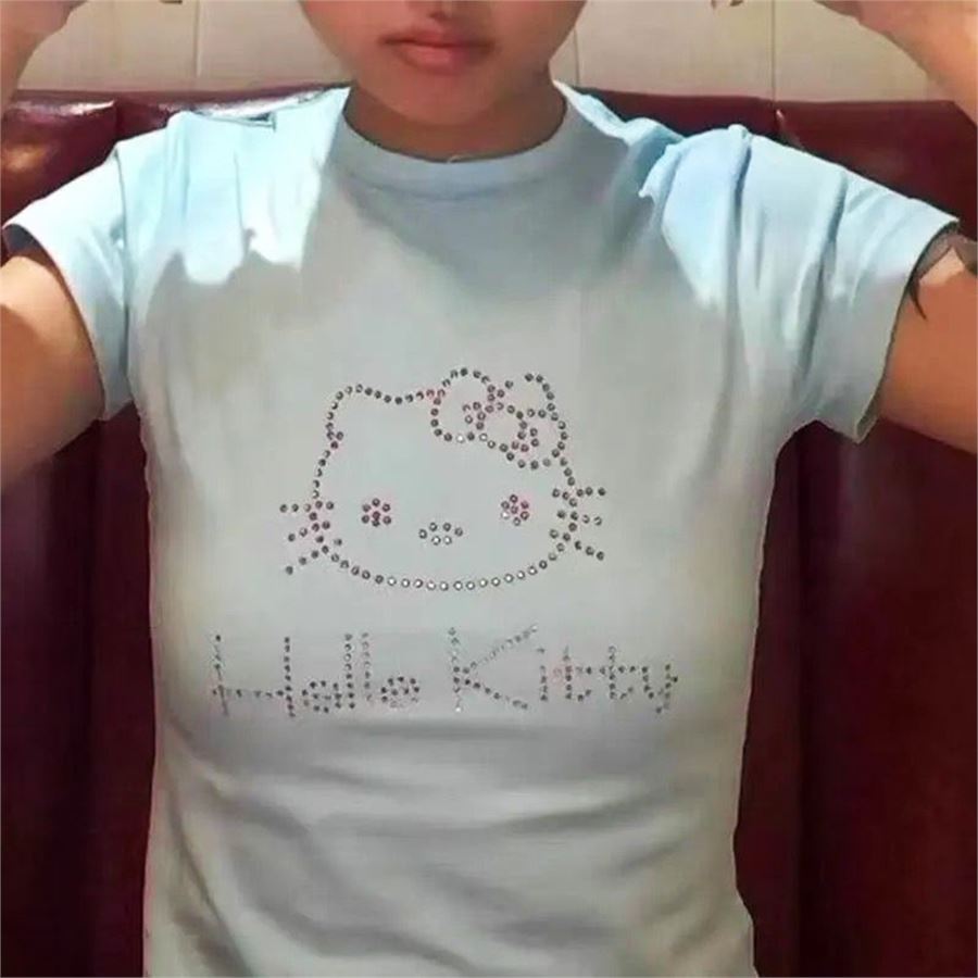Beyaz Taş İşlemeli Hello Kitty Yarım T-Shirt