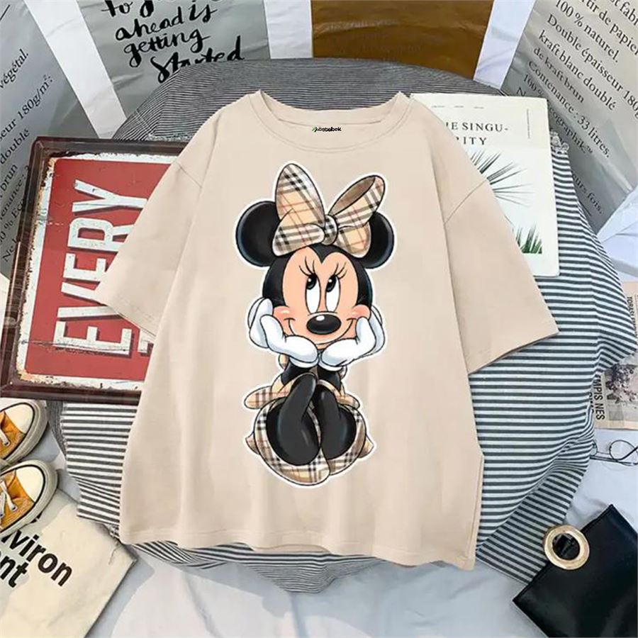 Bej Ekose Elbiseli Minnie Mouse (Unisex) T-Shirt