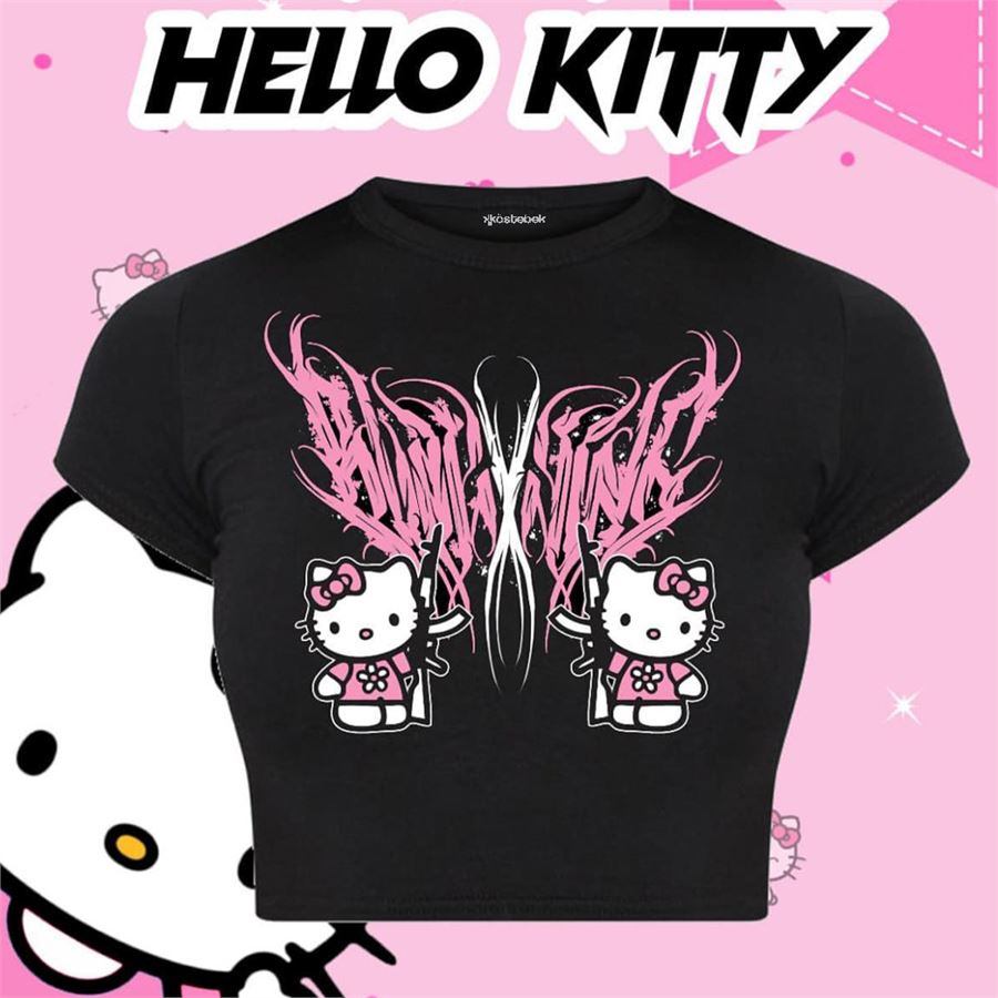 Siyah Gothic Hello Kitty Militant Yarım T-Shirt