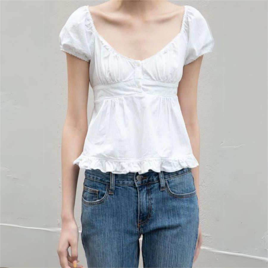 Beyaz Fırfır Detaylı Yarım T-Shirt
