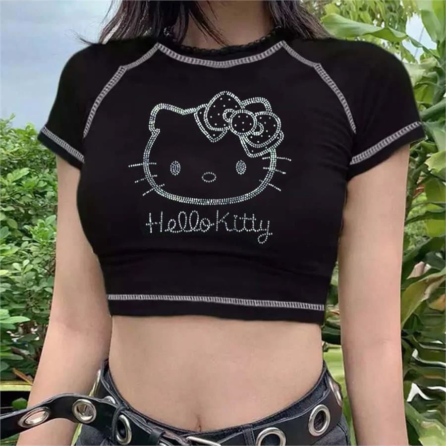Siyah Hello Kitty Taşlı Yarım T-Shirt