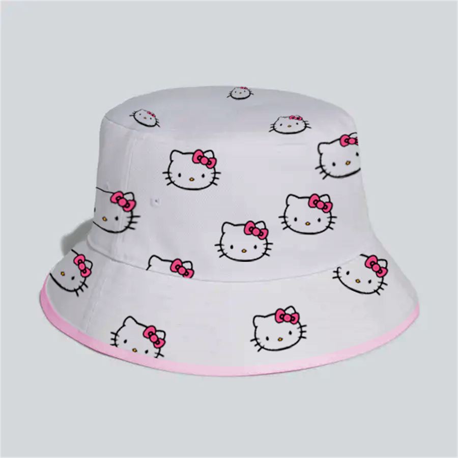 Pembe Şerit Detaylı Beyaz Hello Kitty Kolaj Bucket Şapka