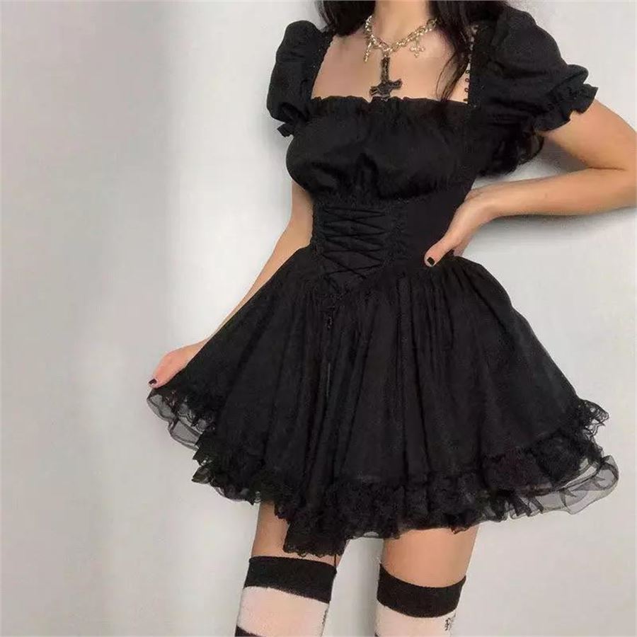 Siyah Kısa Balon Kol Gothic Dantel Detaylı Elbise 