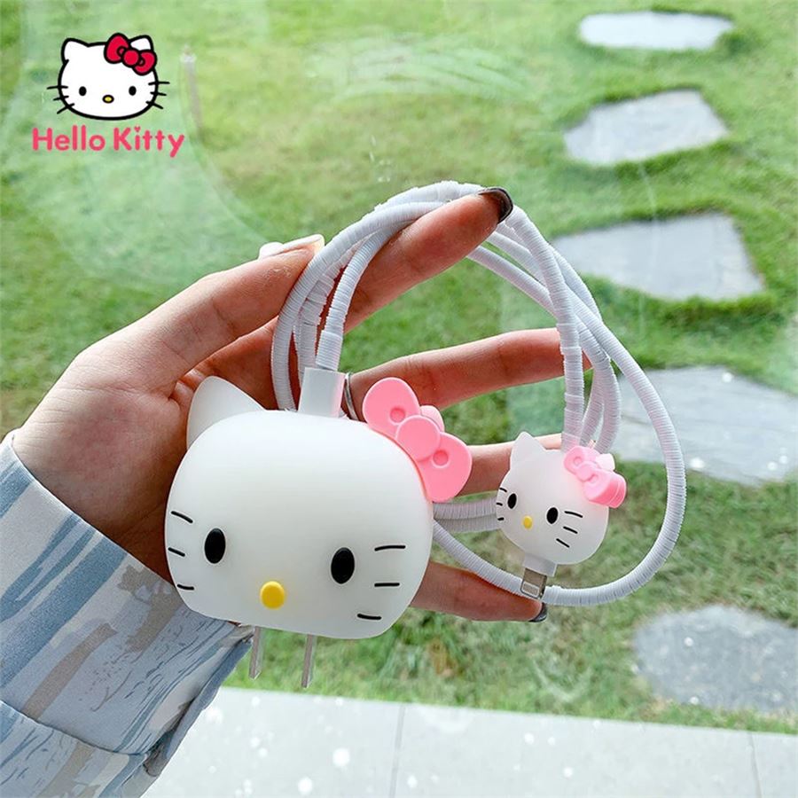 Beyaz Hello Kitty Şarj Adaptörü Koruyucu Takımı