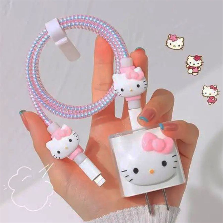 Beyaz Hello Kitty Şarj Adaptörü Ve Kablo Koruyucu