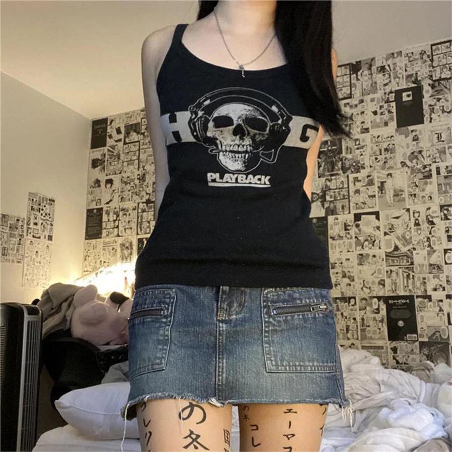Siyah Playback Skull Askılı Kadın T-Shirt