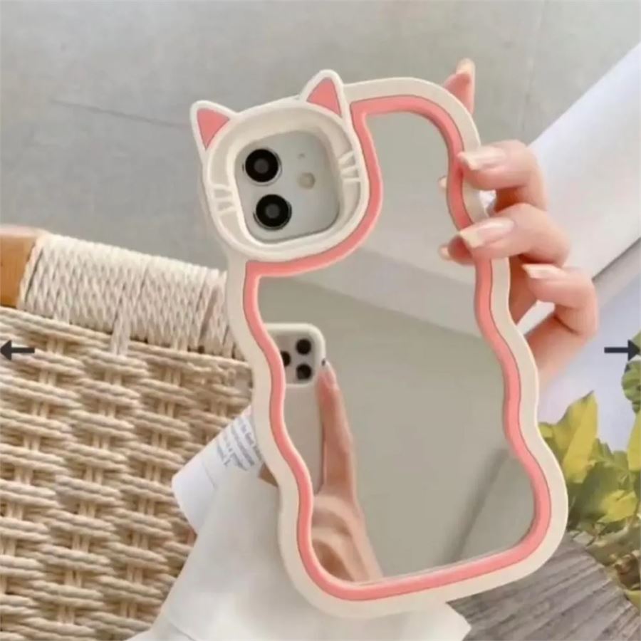 Pembe Beyaz Kedi Kulak Detaylı Aynalı İphone Telefon Kılıfları
