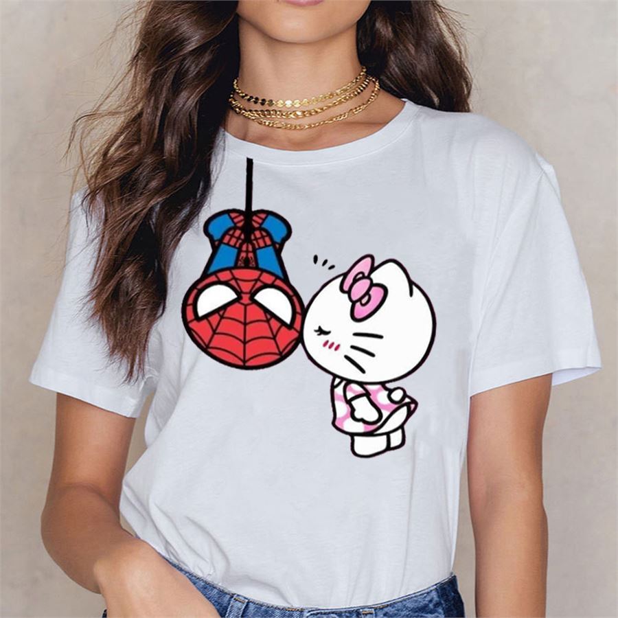 Beyaz Hello Kitty And Spider-Man Kissing (Unisex) T-Shirt