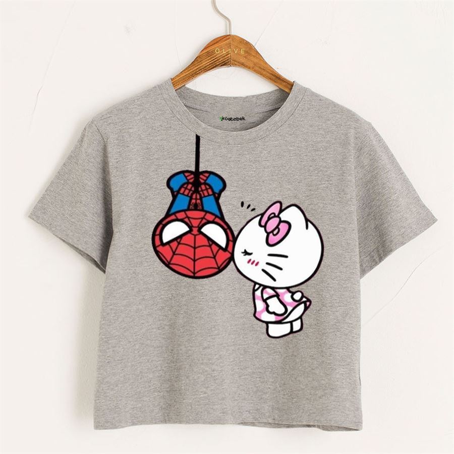 Gri Melanj Hello Kitty And Spider-Man Kissing Yarım T-Shirt