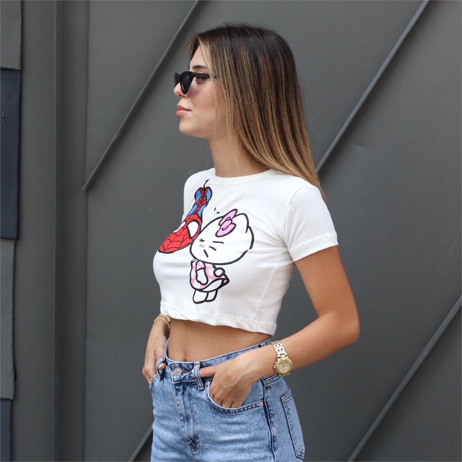 Beyaz Hello Kitty And Spider-Man Kissing Yarım T-Shirt