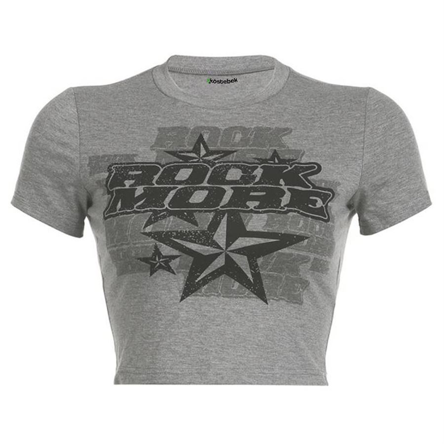 Gri Melanj Rock More Stars Yarım T-Shirt