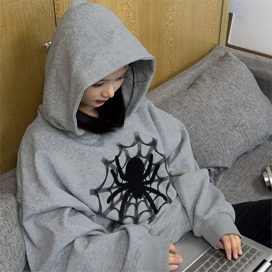 Gri Melanj Basic Spider Kalın Kumaş (Unisex) Kapüşonlu Sweatshirt