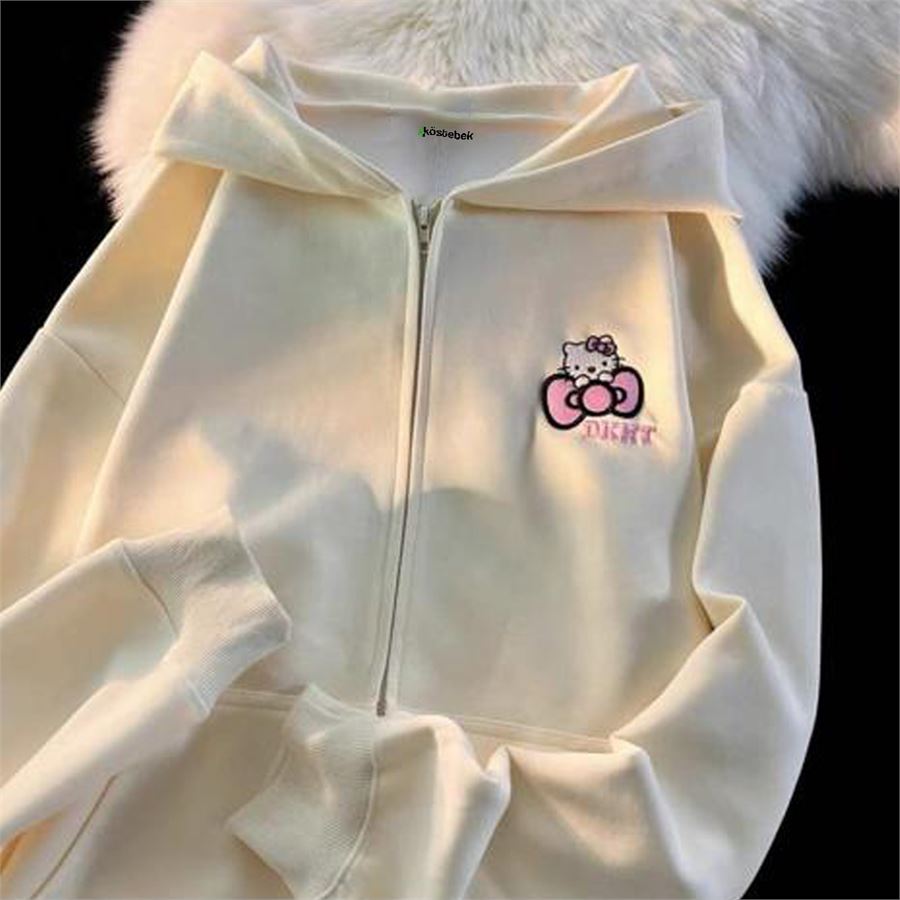 Ekru Hello Kitty DKHT Best Fermuarlı (Unisex) Kapüşonlu Sweatshirt