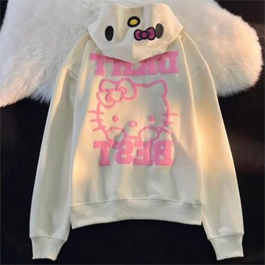 Ekru Hello Kitty DKHT Best Fermuarlı (Unisex) Kapüşonlu Sweatshirt