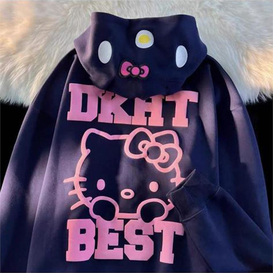 Siyah Hello Kitty DKHT Best Fermuarlı (Unisex) Kapüşonlu Sweatshirt