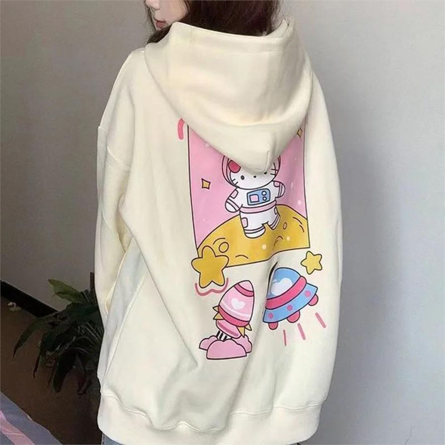 Ekru Astronaut Hello Kitty Kalın Kumaş Fermuarlı (Unisex) Kapüşonlu Sweatshirt