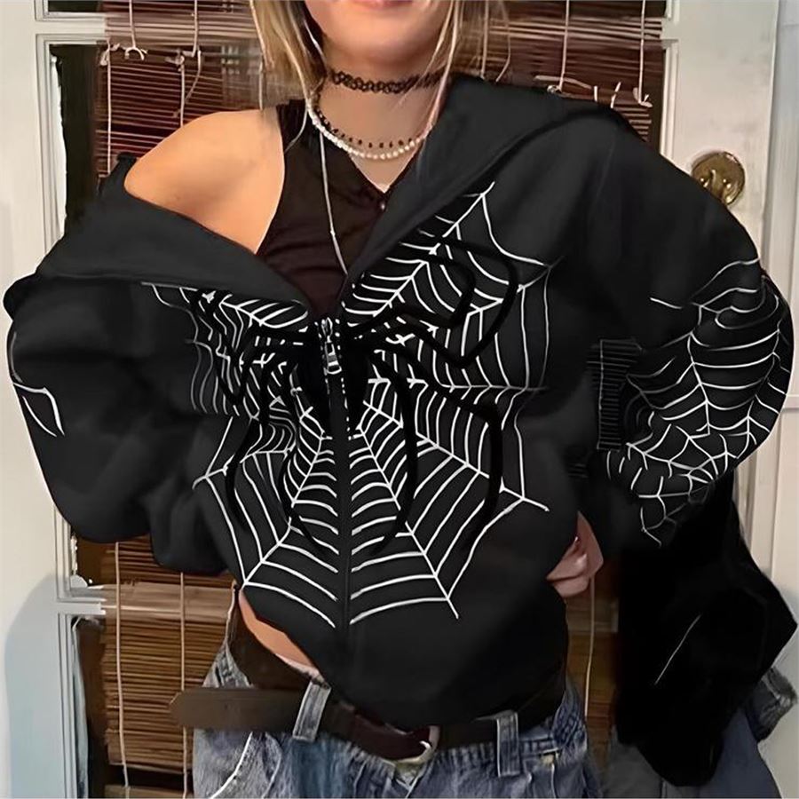 Siyah Allover Spider Kalın Kumaş Fermuarlı (Unisex) Kapüşonlu Sweatshirt
