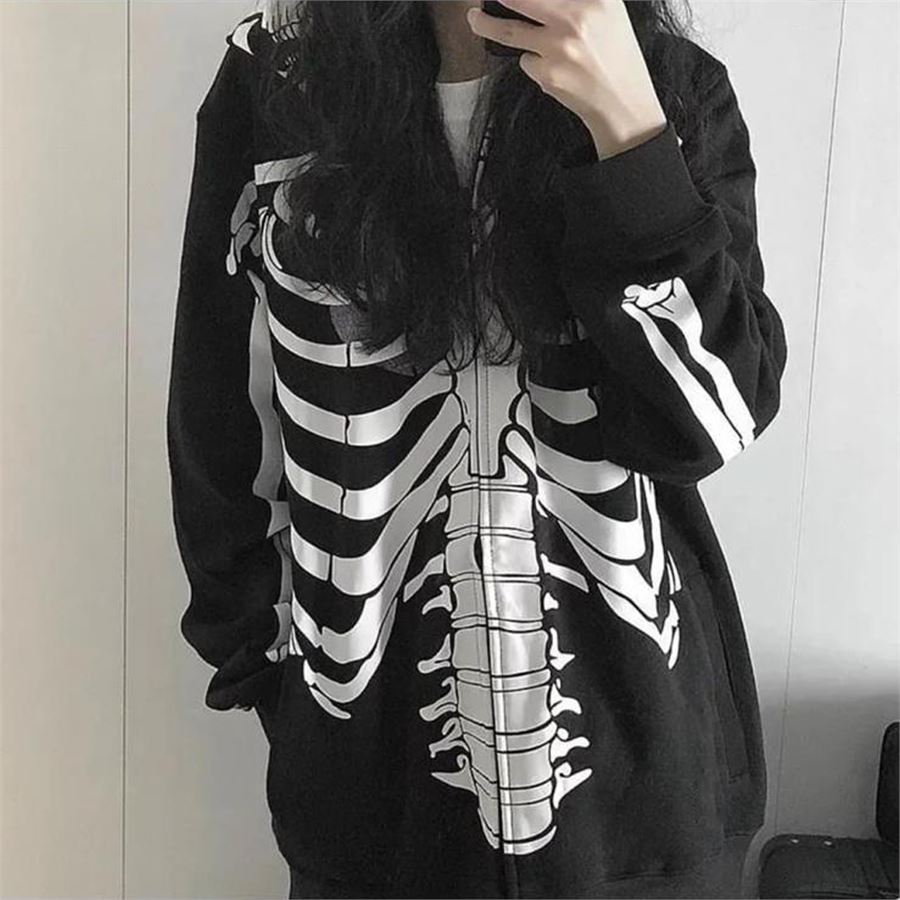 Siyah Skeleton Allover Kalın Kumaş Fermuarlı (Unisex) Kapüşonlu Sweatshirt