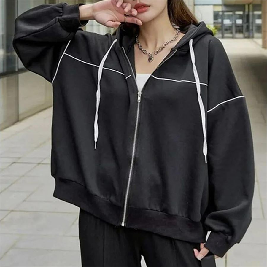 Beyaz Şerit Detaylı Siyah  Kalın Kumaş Fermuarlı (Unisex) Kapüşonlu Sweatshirt