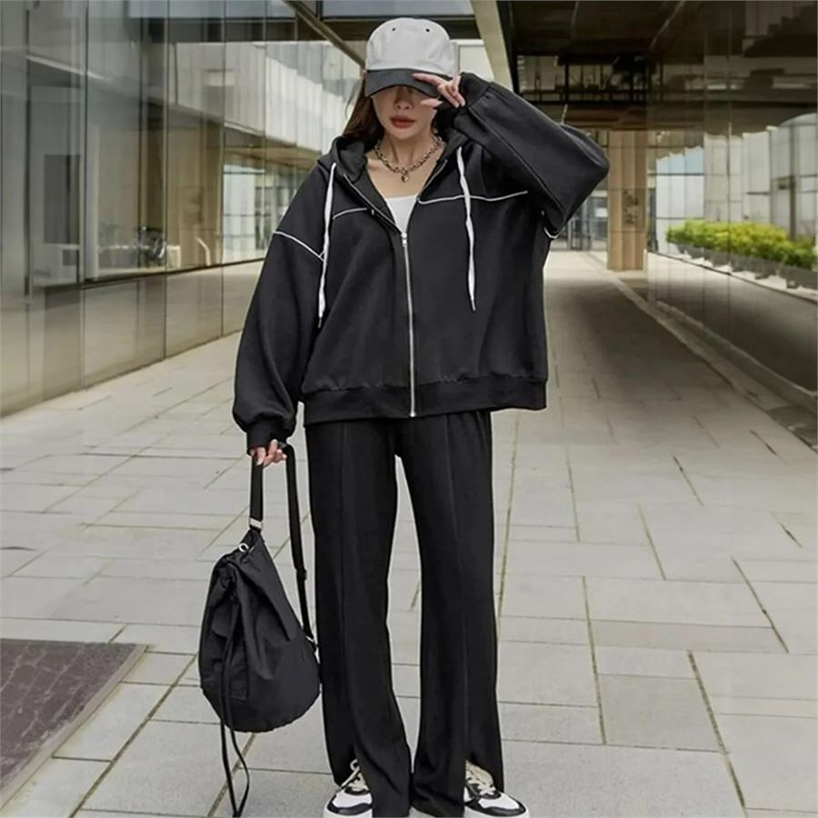 Beyaz Şerit Detaylı Siyah  Kalın Kumaş Fermuarlı (Unisex) Kapüşonlu Sweatshirt