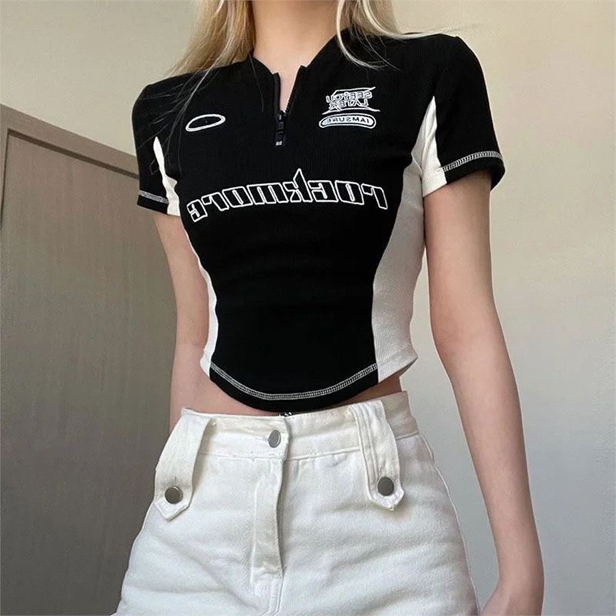 Yarım Fermuarlı Beyaz Şeritli Rockmore Siyah Yarım T-Shirt