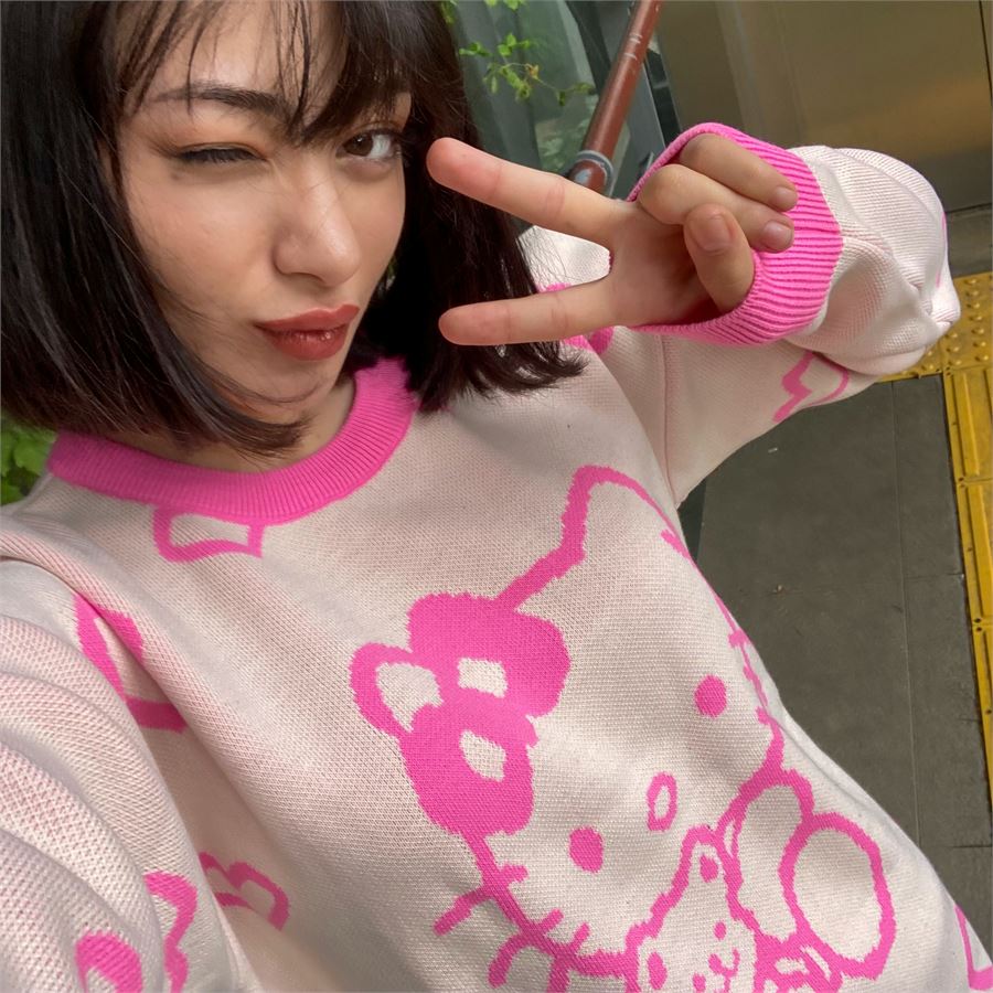 Pembe Hello Kitty - Teddy Friend Desenli Ekru Oversize Kazak