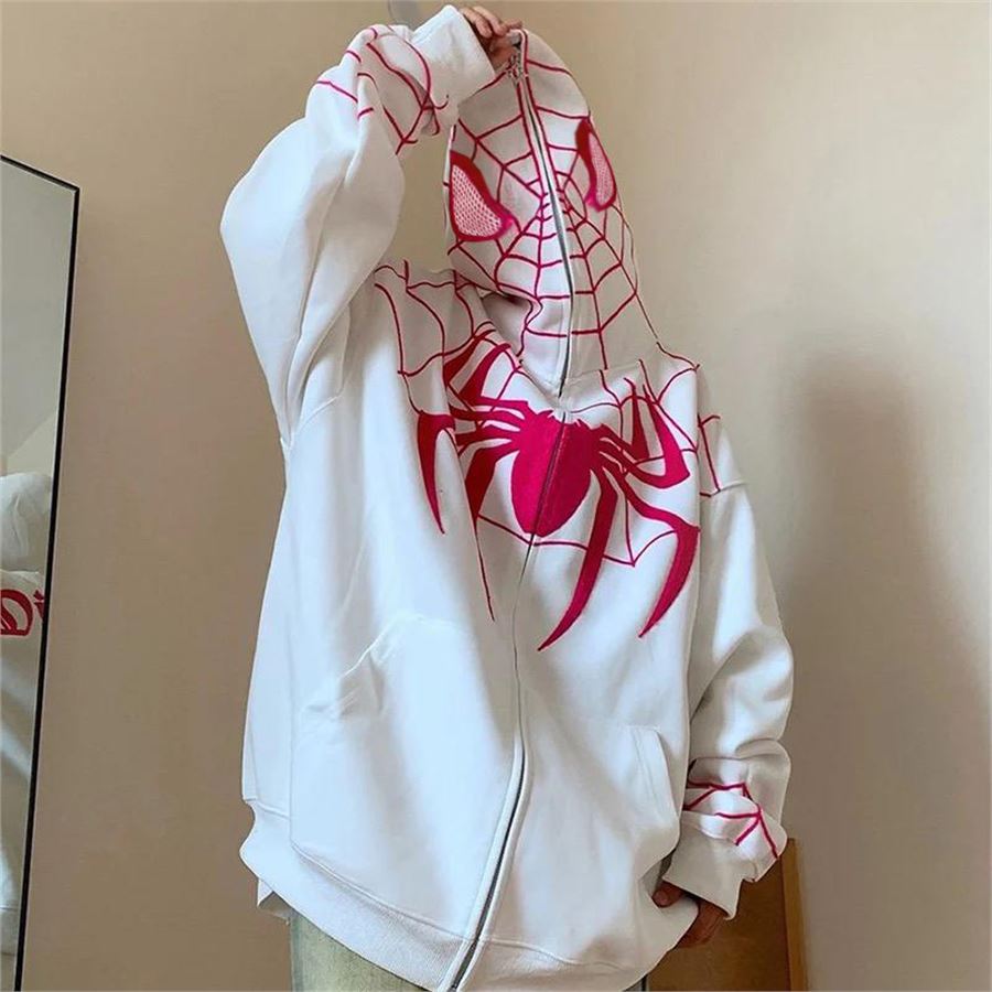 Beyaz Spider-Man Goth Fermuarlı (Unisex) Kapüşonlu Sweatshirt