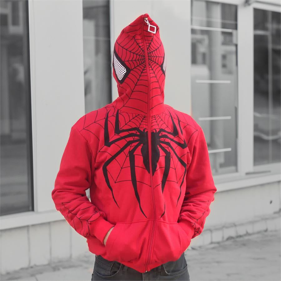 Kırmızı Spider-Man Goth Fermuarlı (Unisex) Kapüşonlu Sweatshirt