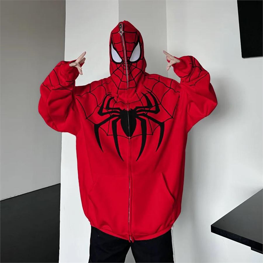 Kırmızı Spider-Man Goth Fermuarlı (Unisex) Kapüşonlu Sweatshirt