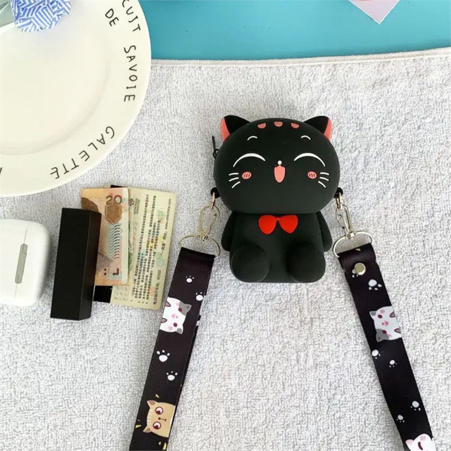 Büyük Boy Siyah Japanese Cat Silikon Askılı Çanta