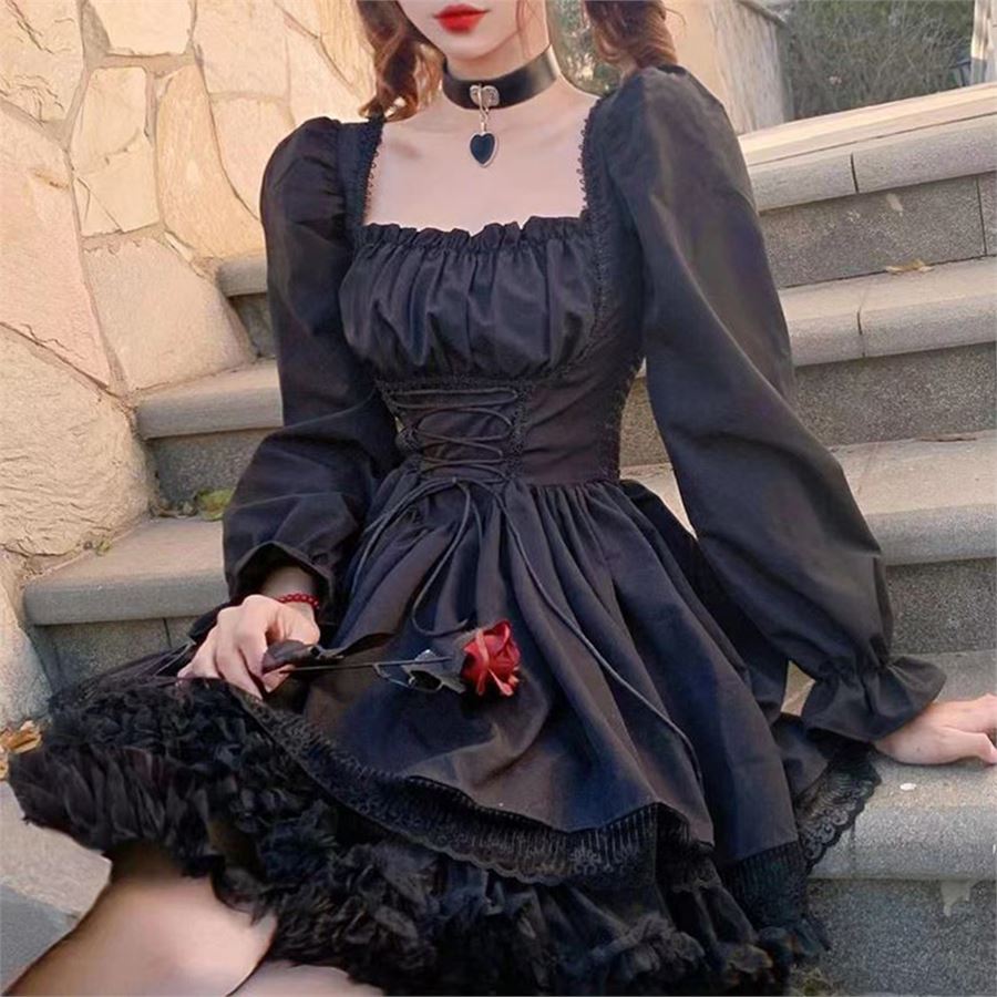 Siyah Balon Uzun Kol Gothic Dantel Detaylı Elbise 