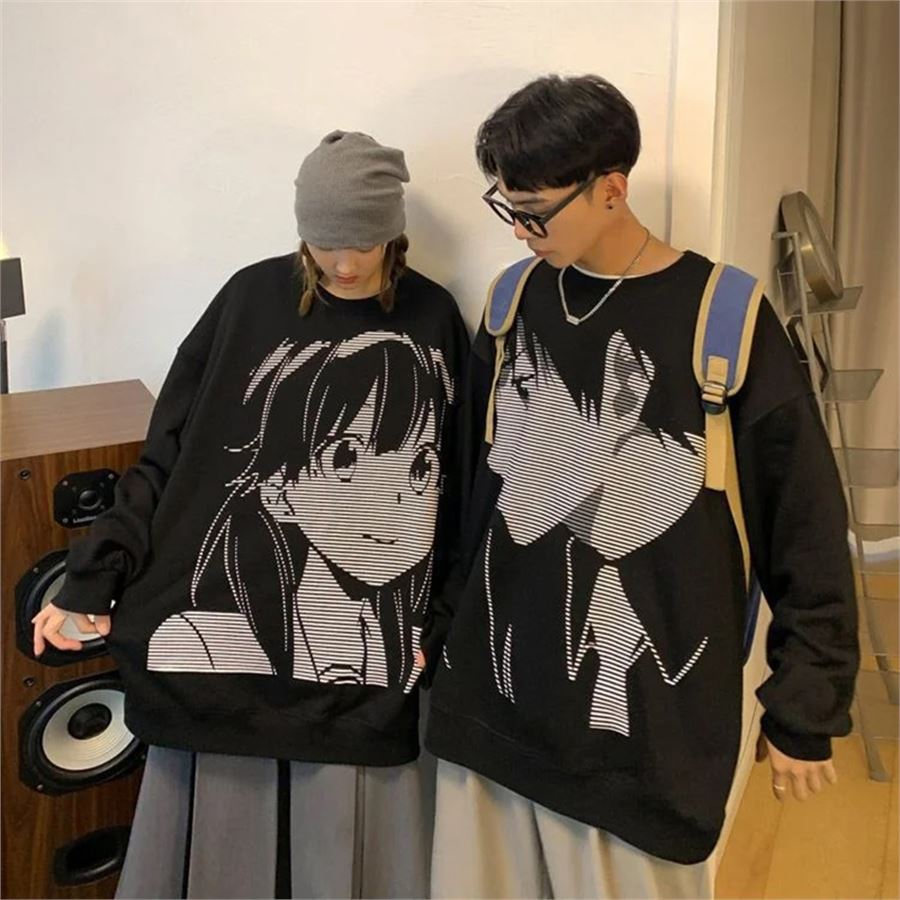 Siyah Vintage Anime Çift Uzun Kollu Sweatshirt