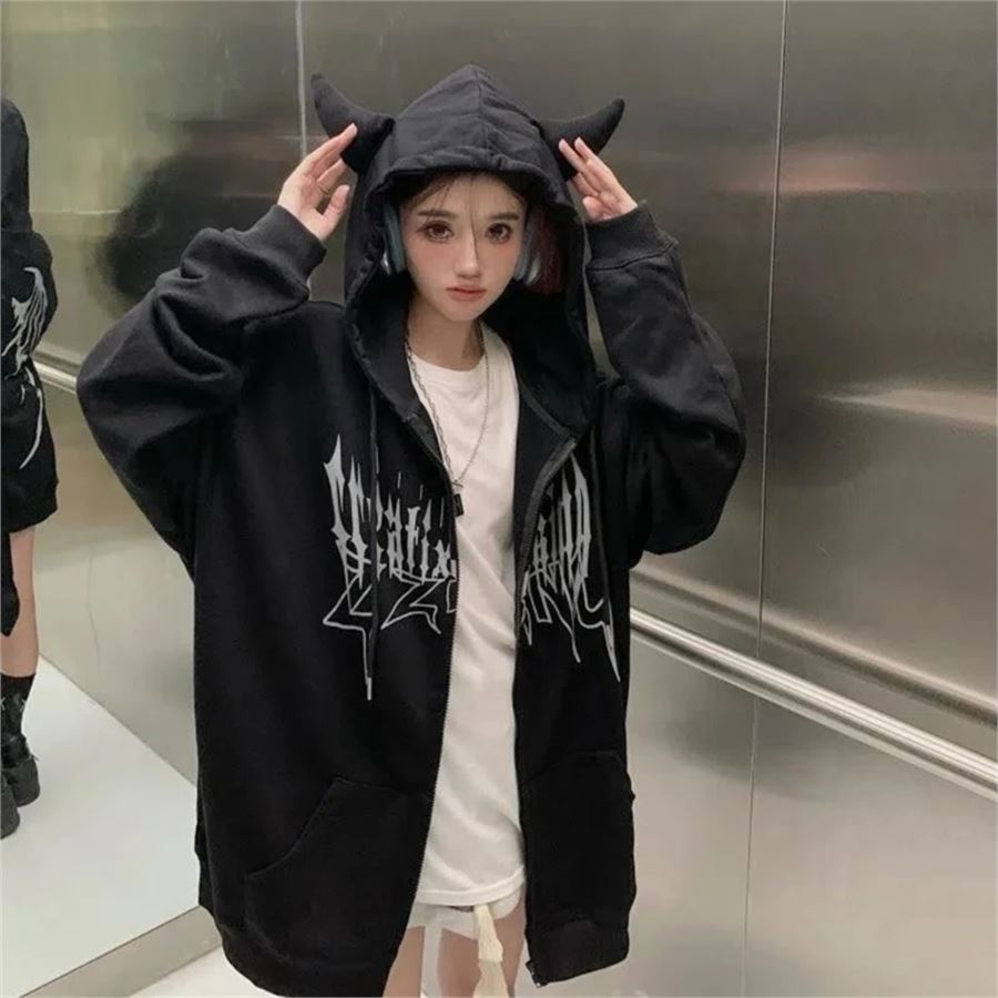 Siyah Gothic Devil Kuyruk Detay Fermuarlı Kapüşonlu Sweatshirt
