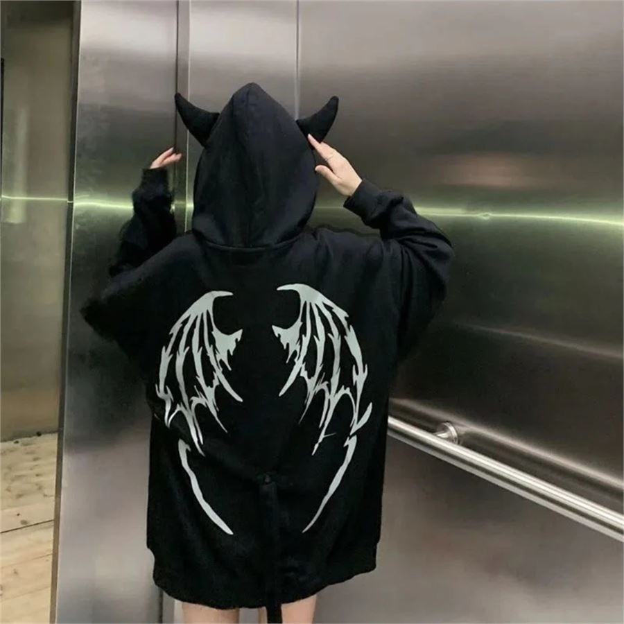 Siyah Gothic Devil Kuyruk Detay Fermuarlı Kapüşonlu Sweatshirt