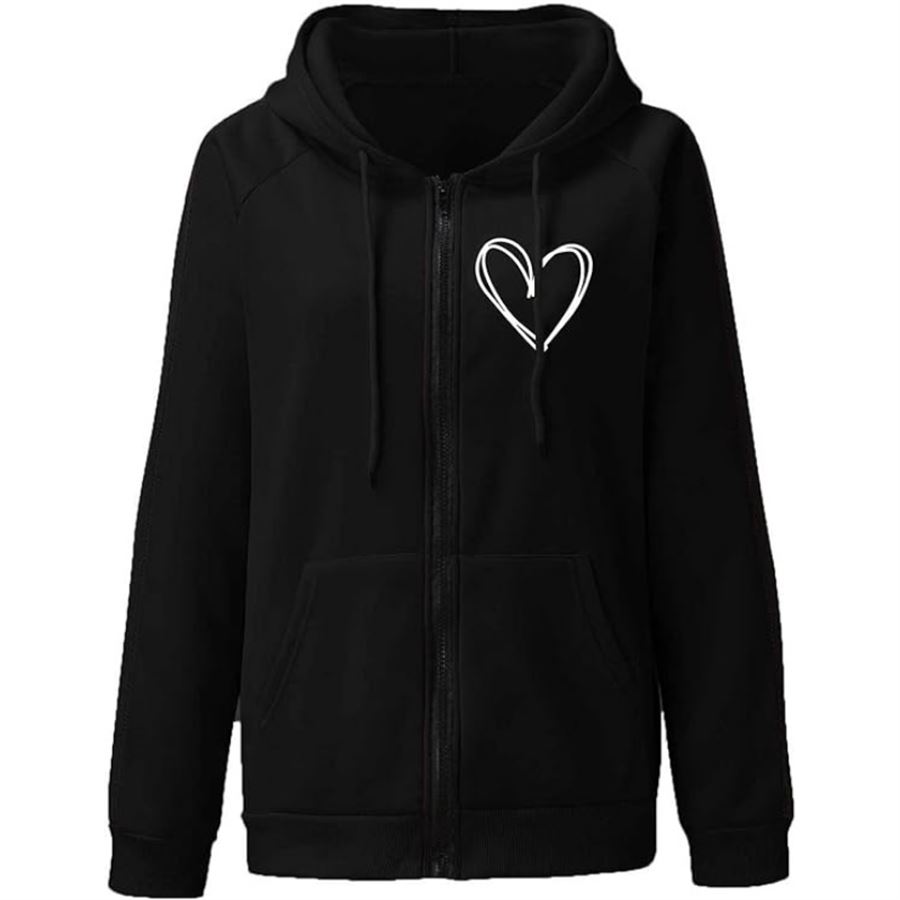 Siyah Beyaz Şeritli Kalp Fermuarlı Kapüşonlu Sweatshirt