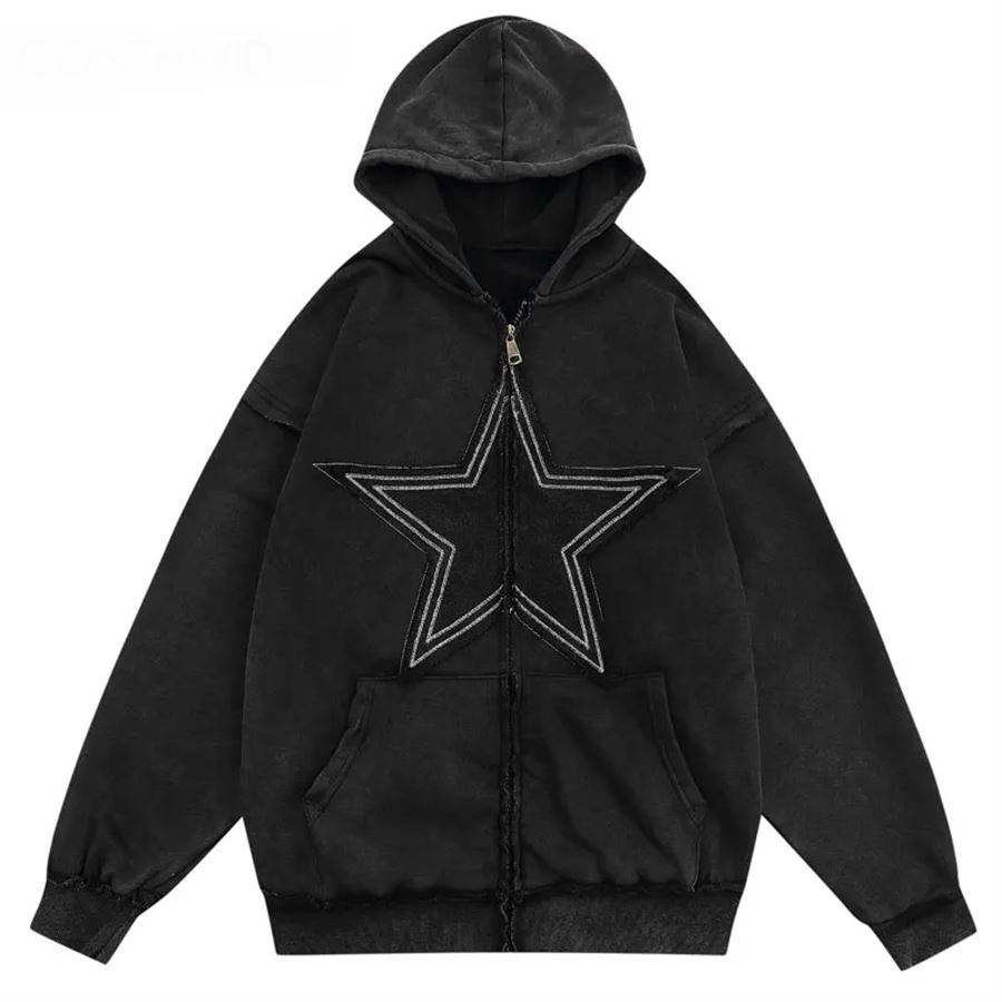 Siyah Vintage Star Fermuarlı Kapüşonlu Sweatshirt