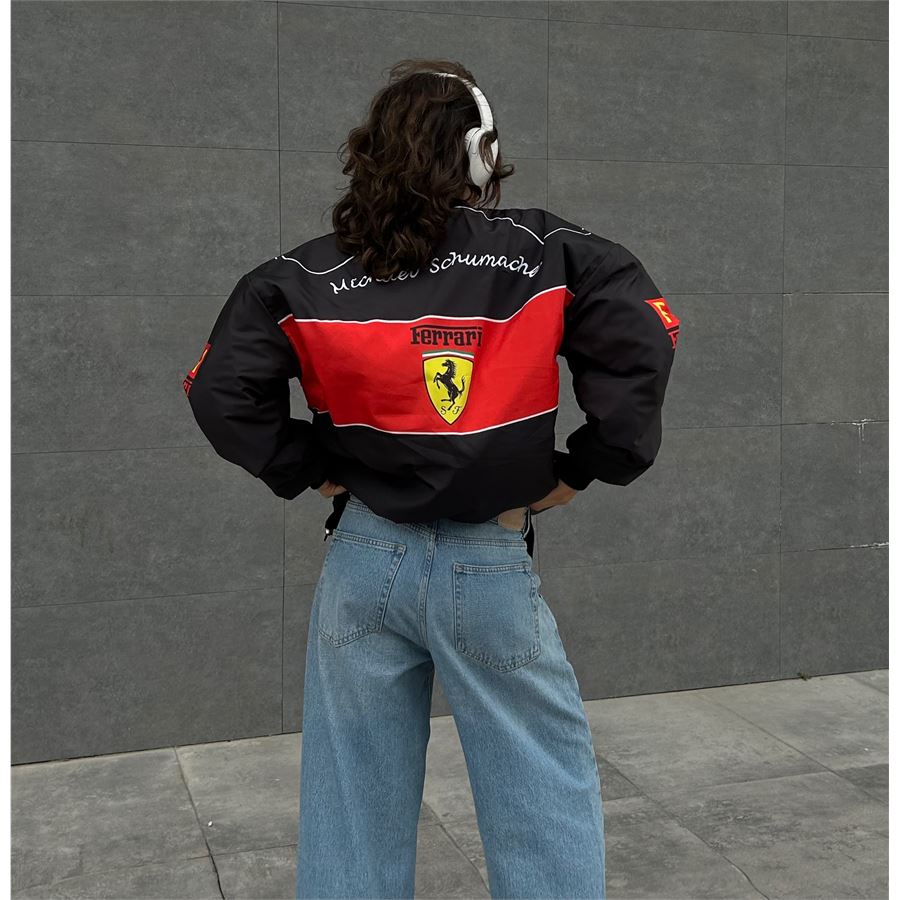 Siyah F1 Ferrari Racing Retro Unisex Bomber Ceket