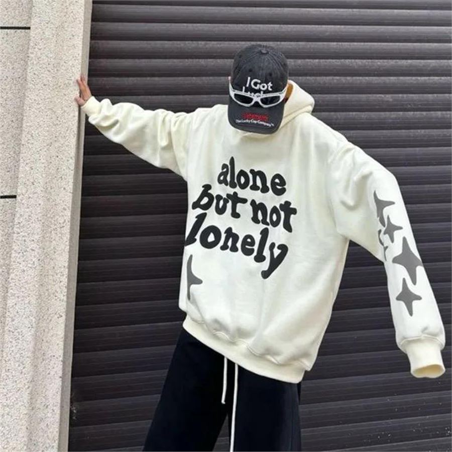 Ekru Alone But Not Lonely Star Kapüşonlu Sweatshirt 
