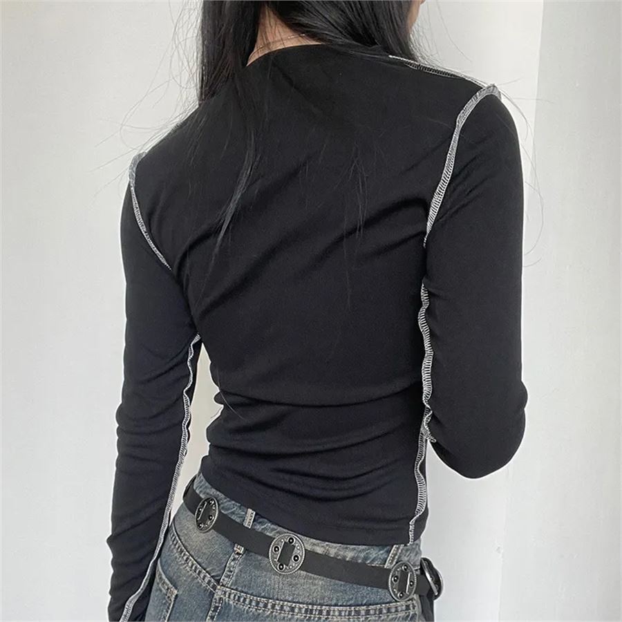 Siyah Vintage Wing Ters Dikiş Şeritli Uzun Kollu Crop Bluz 