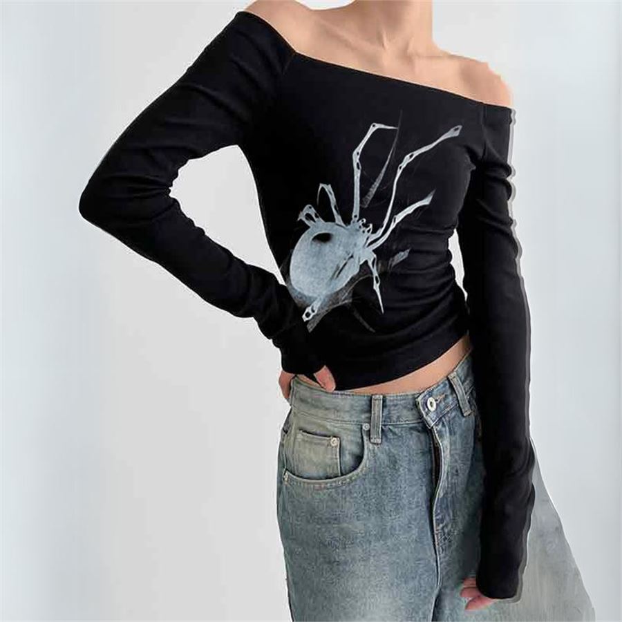 Siyah Shadow Spider Omuzu Açık Uzun Kollu Crop Bluz 